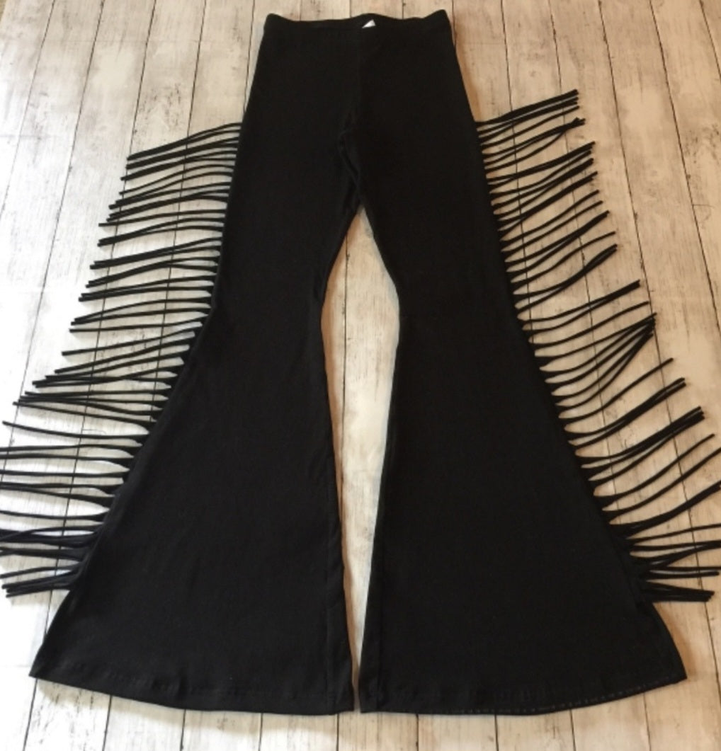 Solid Black High Waisted Fringe Bell Bottoms