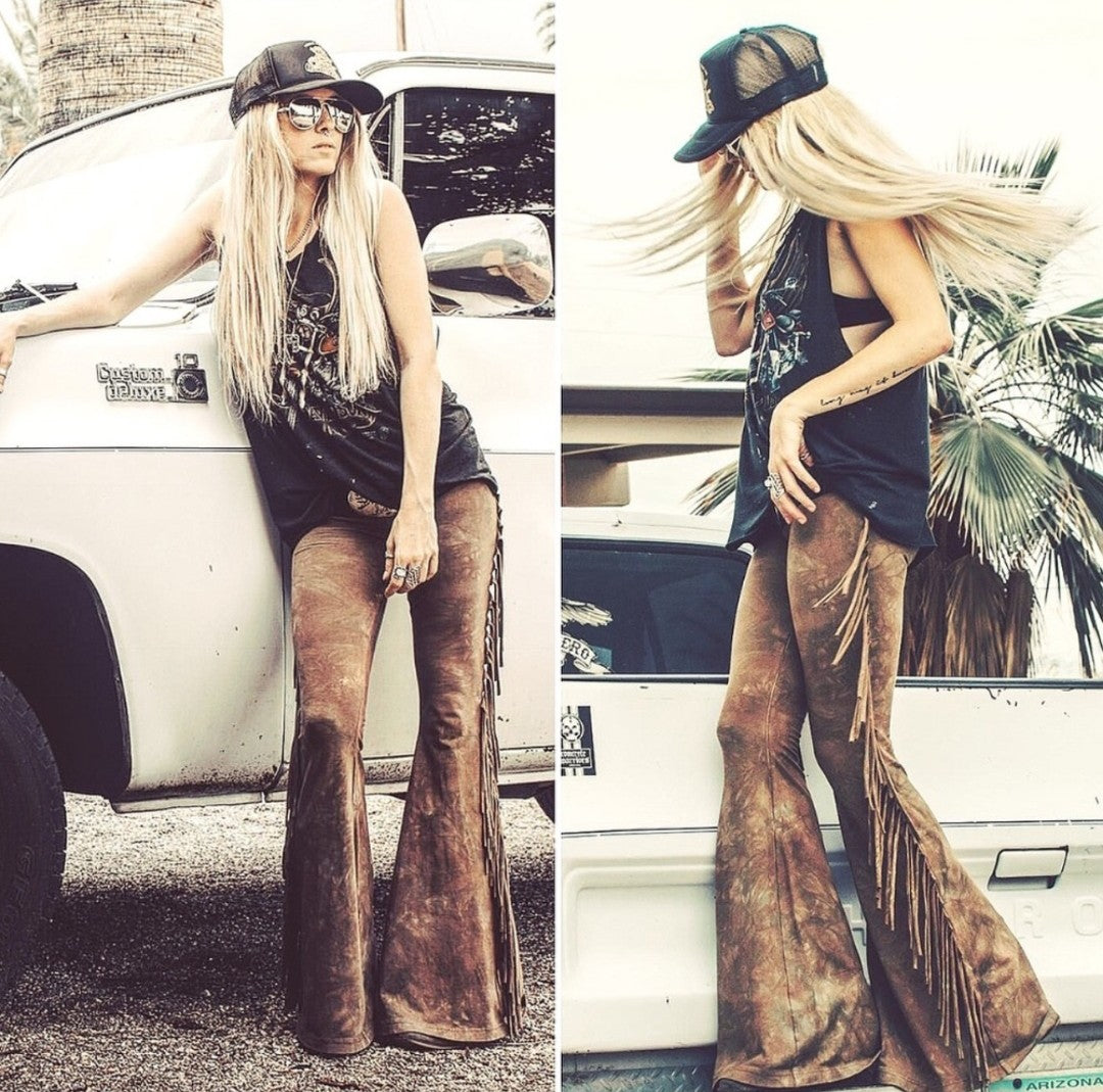 Saddle Brown High Waisted Fringe Bell Bottoms