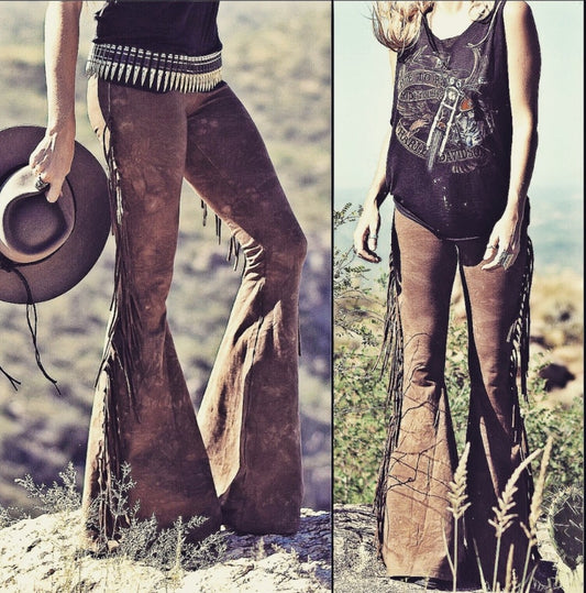 Saddle Brown High Waisted Fringe Bell Bottoms