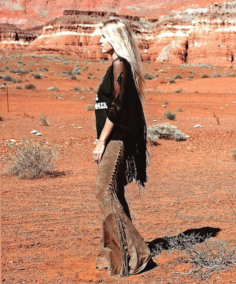 Saddle Brown High Waisted Fringe Bell Bottoms