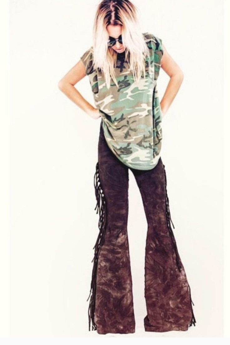 Dark Brown Hip Hugger Fringe Bell Bottoms