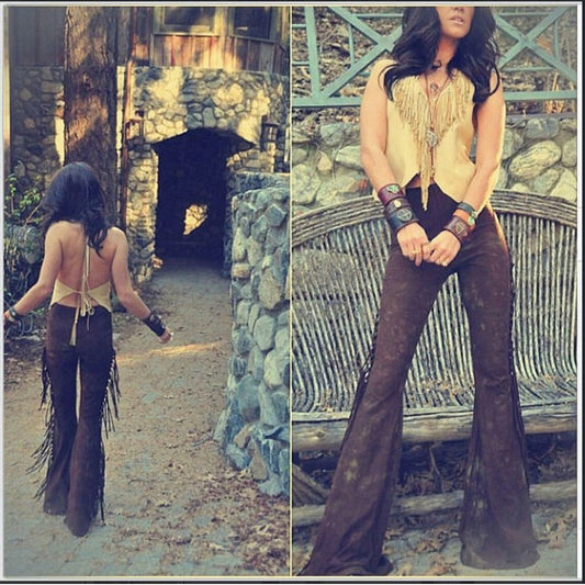 Dark Brown High Waisted Fringe Bell Bottoms