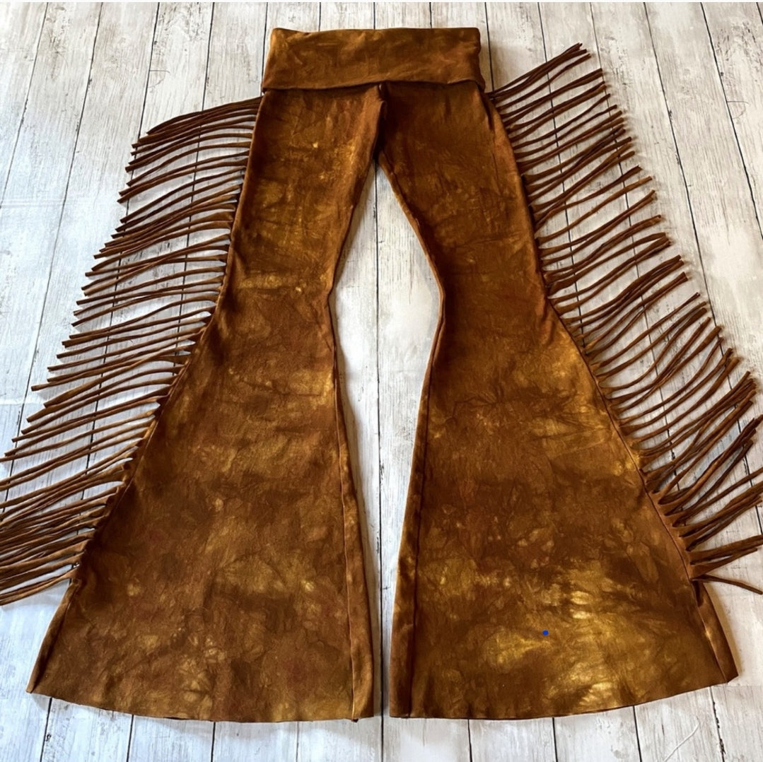 Golden Brown Hip Hugger Fringe Bell Bottoms