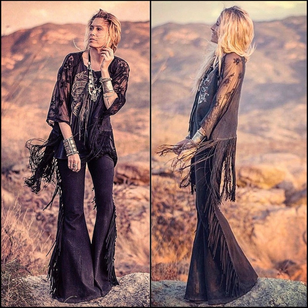 Solid Black Hip Hugger Fringe Bell Bottoms