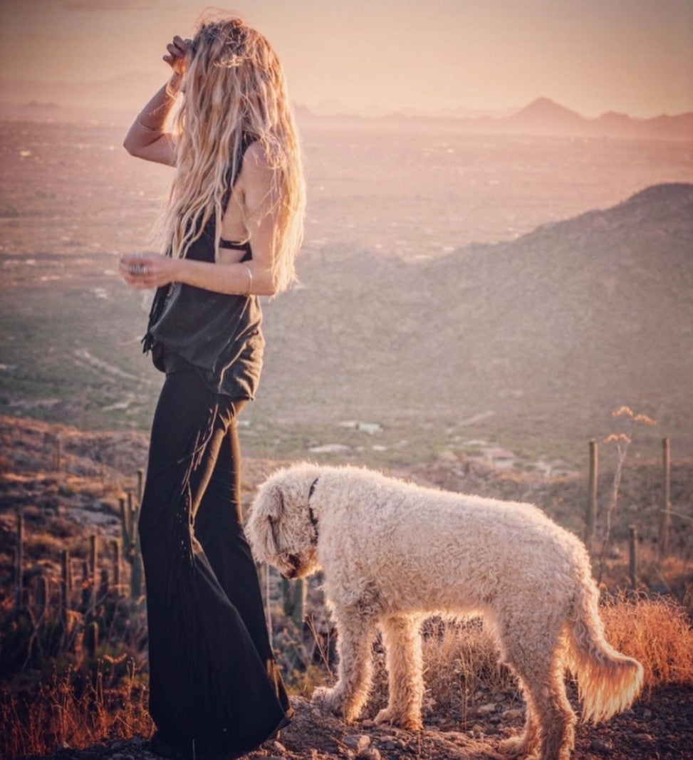 Solid Black Hip Hugger Fringe Bell Bottoms