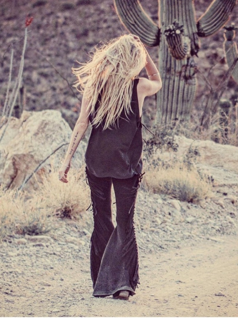 Solid Black Hip Hugger Fringe Bell Bottoms