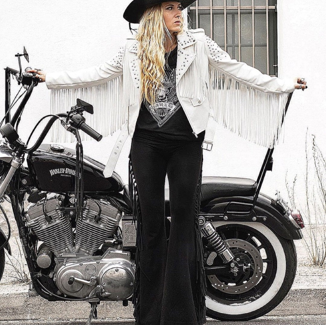 Solid Black Hip Hugger Fringe Bell Bottoms