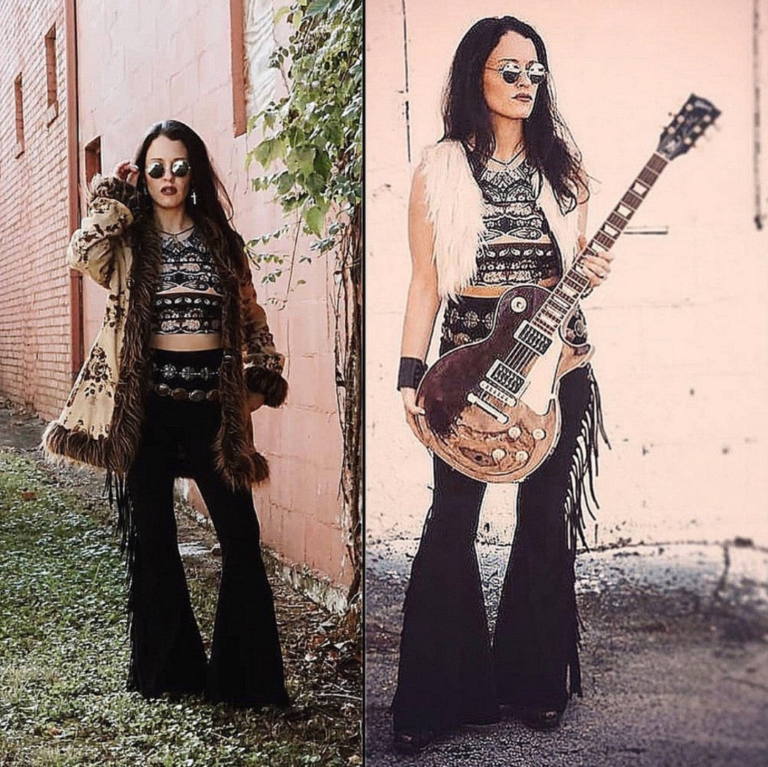 Solid Black Hip Hugger Fringe Bell Bottoms