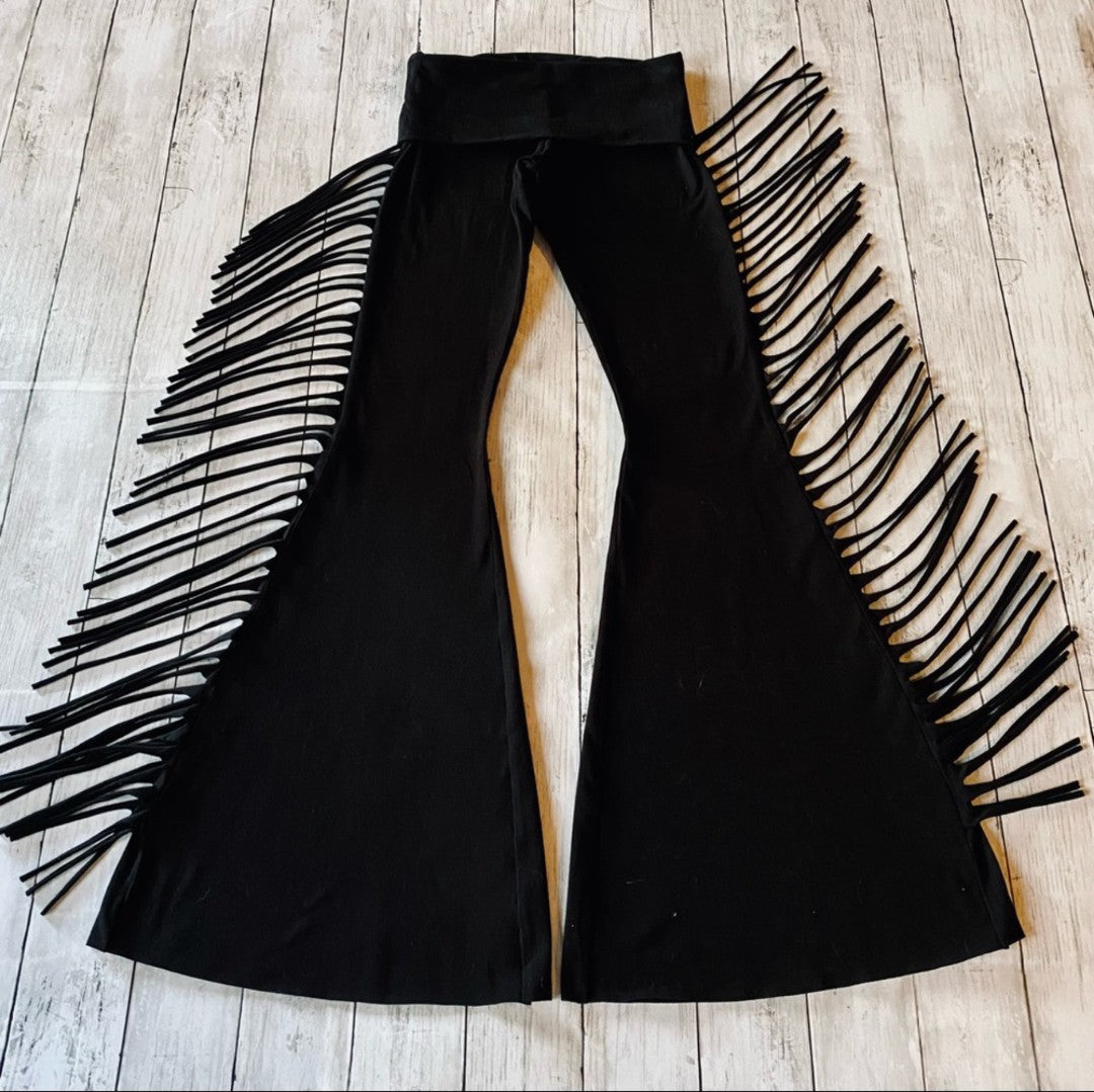 Solid Black Hip Hugger Fringe Bell Bottoms