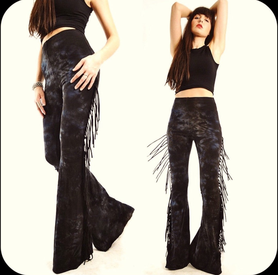 Black & Grey High Waisted Fringe Bell Bottoms