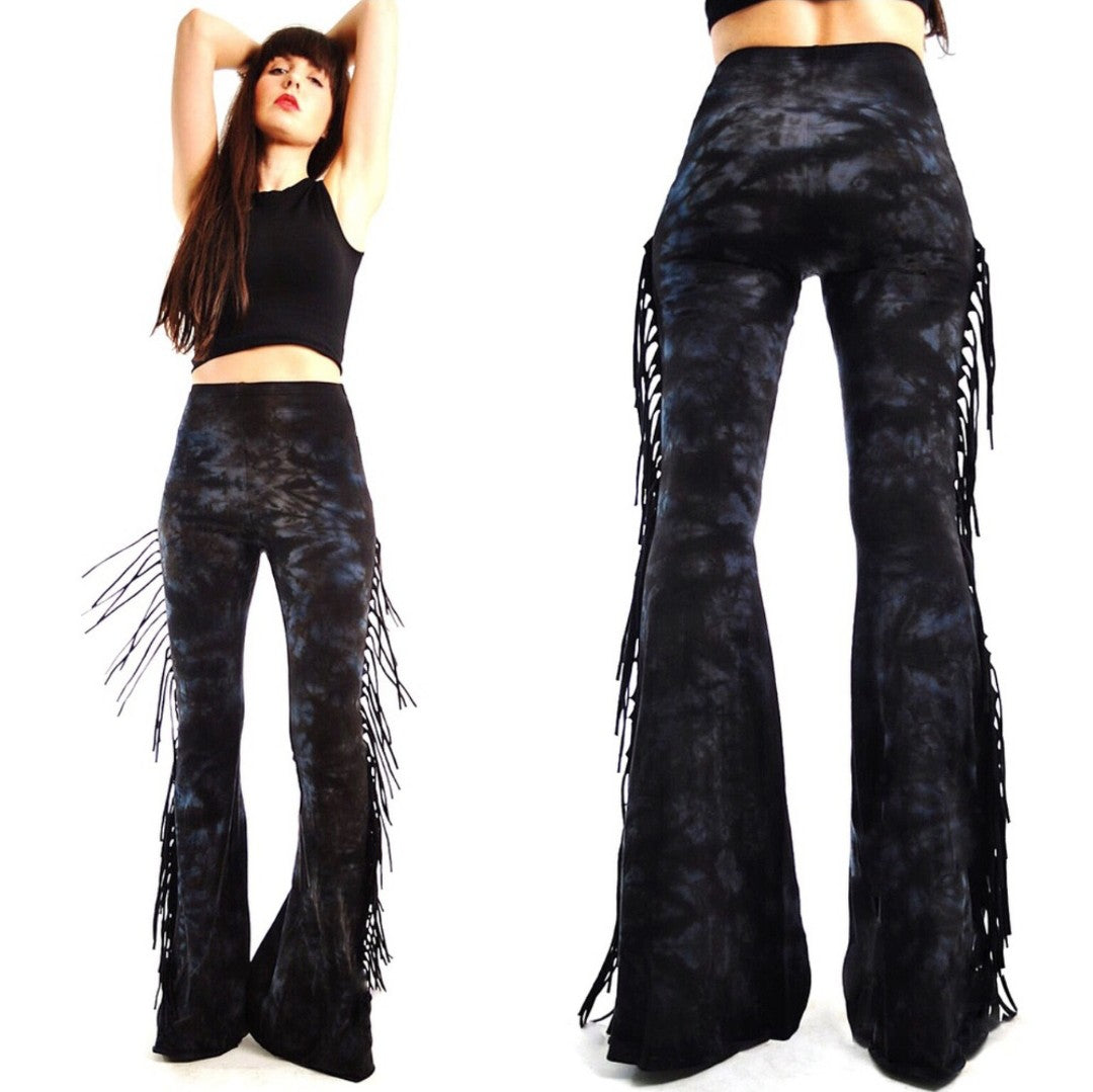 Black & Grey High Waisted Fringe Bell Bottoms