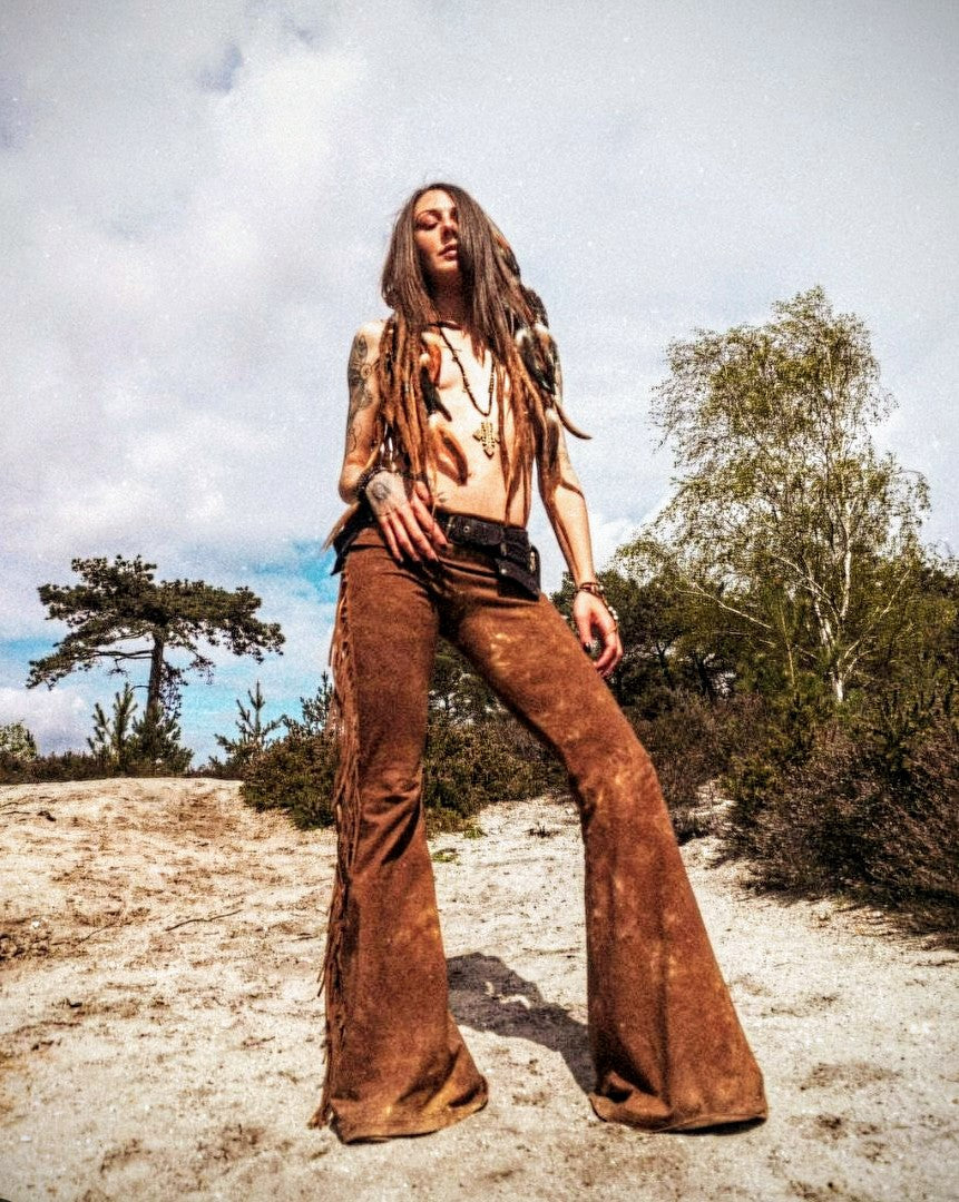 Golden Brown Hip Hugger Fringe Bell Bottoms