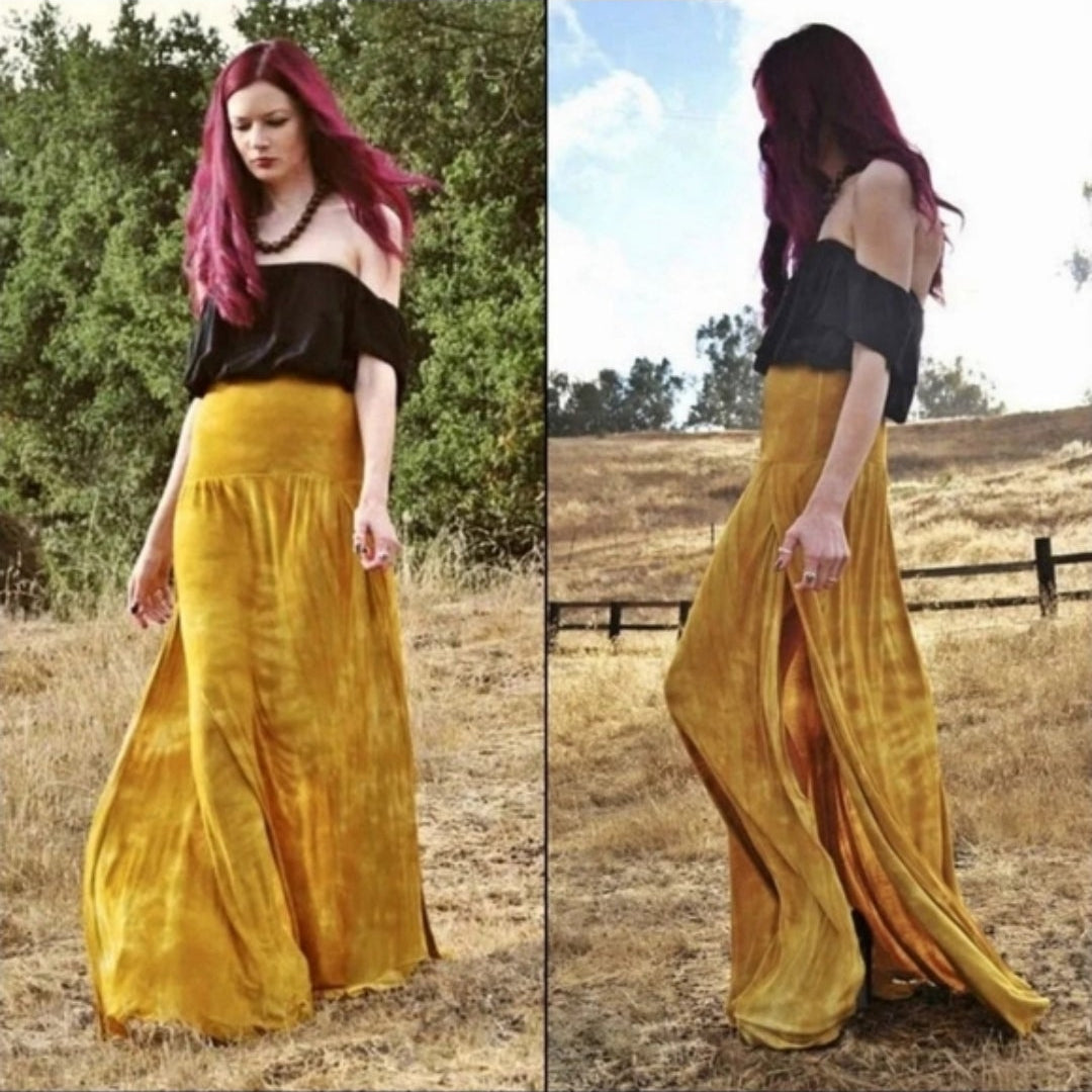 Side Slit Maxi Skirt w/ Sunburst Tie Dye Design