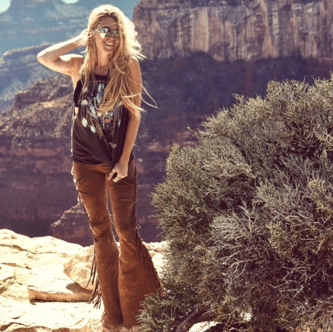 Golden Brown High Waisted Fringe Bell Bottoms